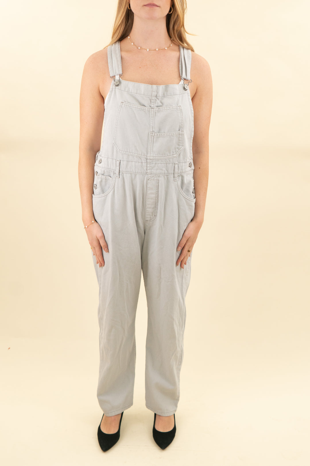 we the free grey denim straight leg overalls (l; retail $148)