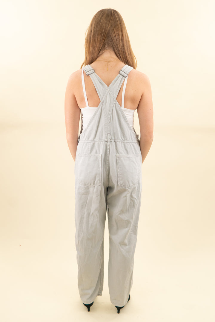 we the free grey denim straight leg overalls (l; retail $148)