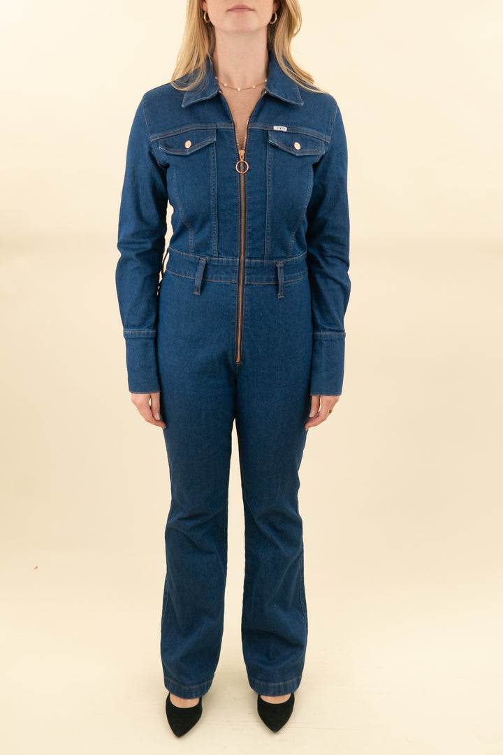 wrangler x staud dark wash denim flare leg jumpsuit (m; retail $150)