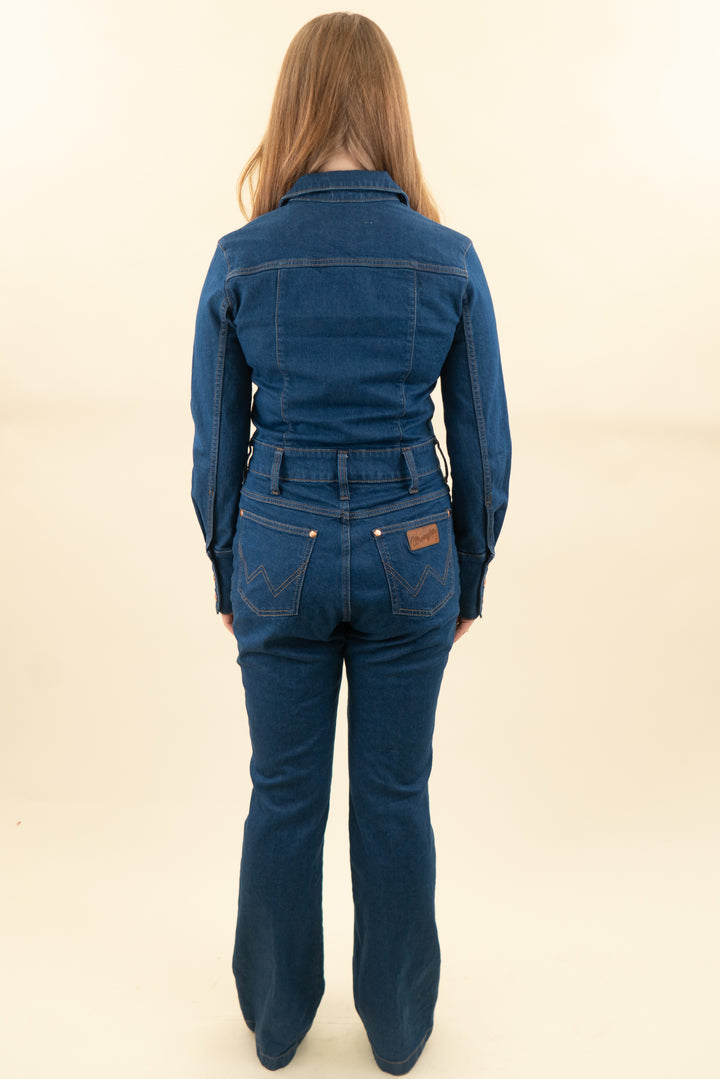 wrangler x staud dark wash denim flare leg jumpsuit (m; retail $150)