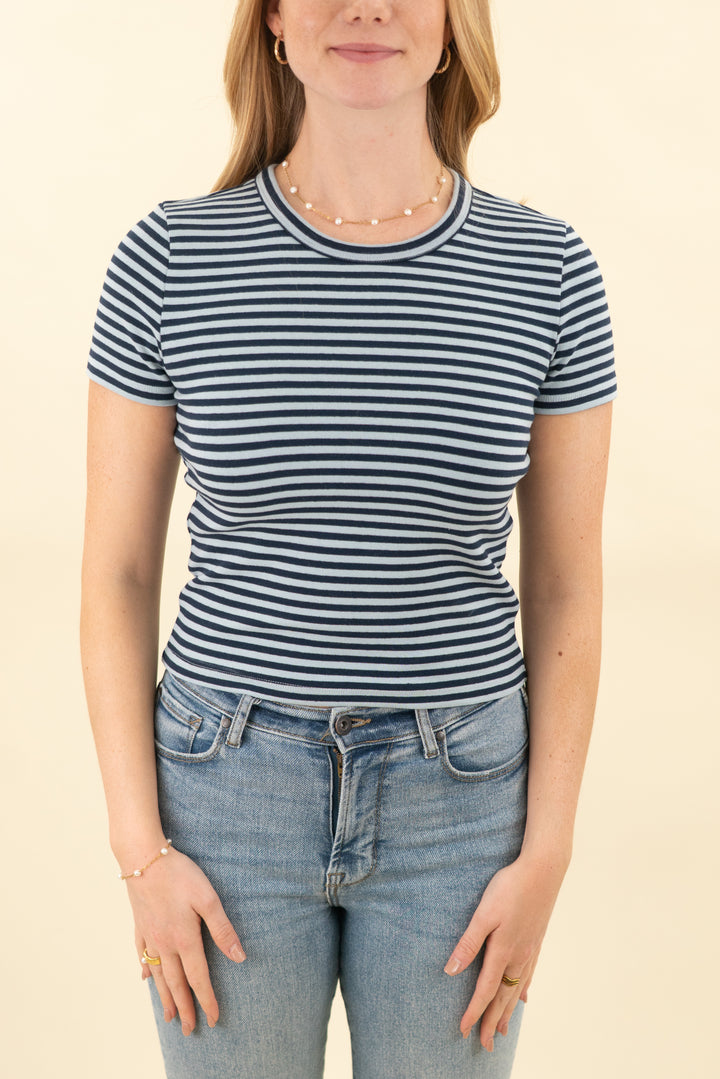 aritzia light blue and navy striped tshirt (m; retail $40)