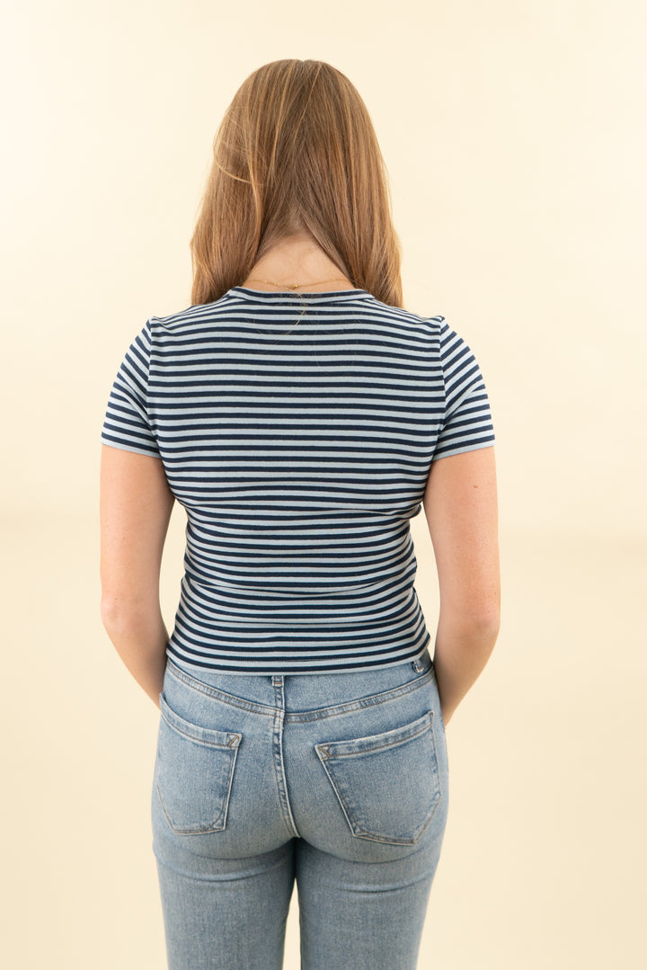 aritzia light blue and navy striped tshirt (m; retail $40)
