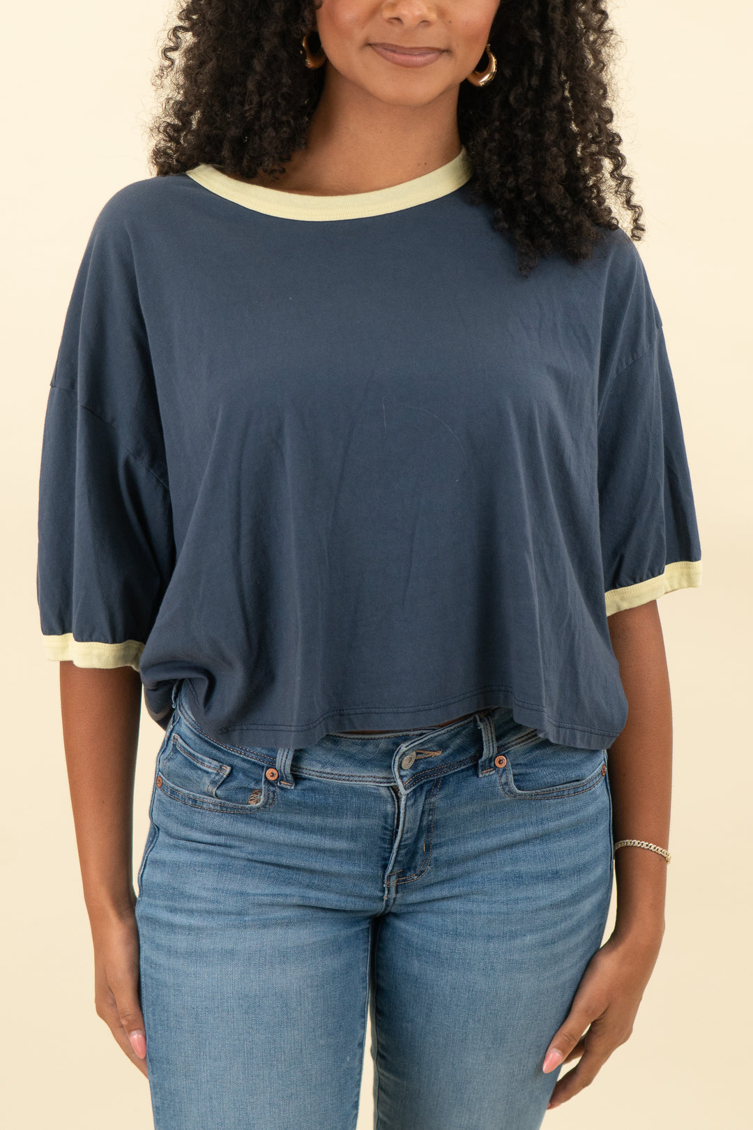 daydreamer navy and green cropped ringer t-shirt (one size; retail $92)