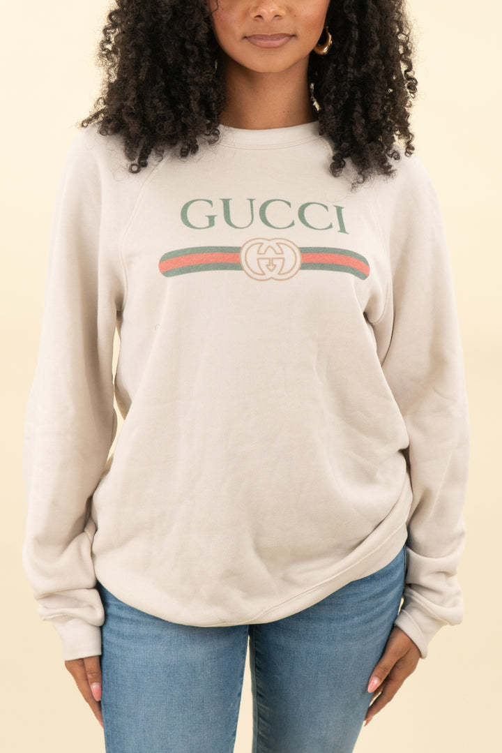 gucci graphic tan crewneck (l)