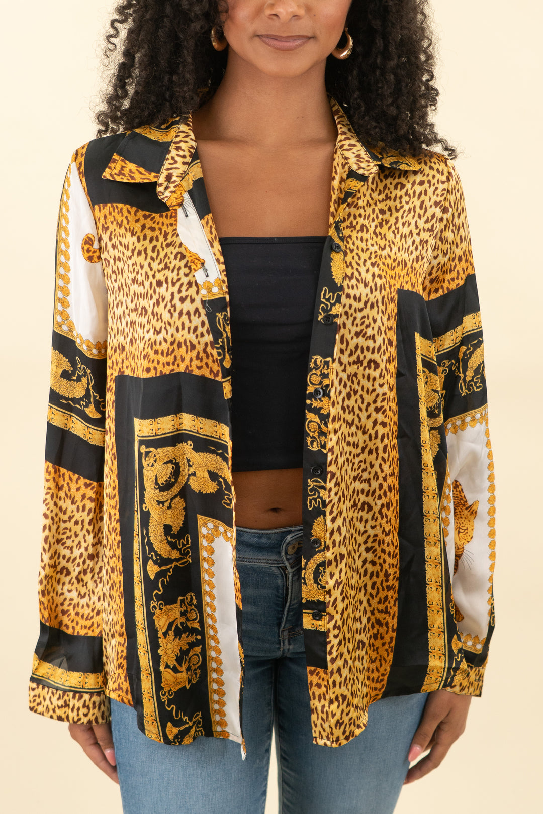 boohoo oversized chain print button down shirt nwt (8; retail $65)