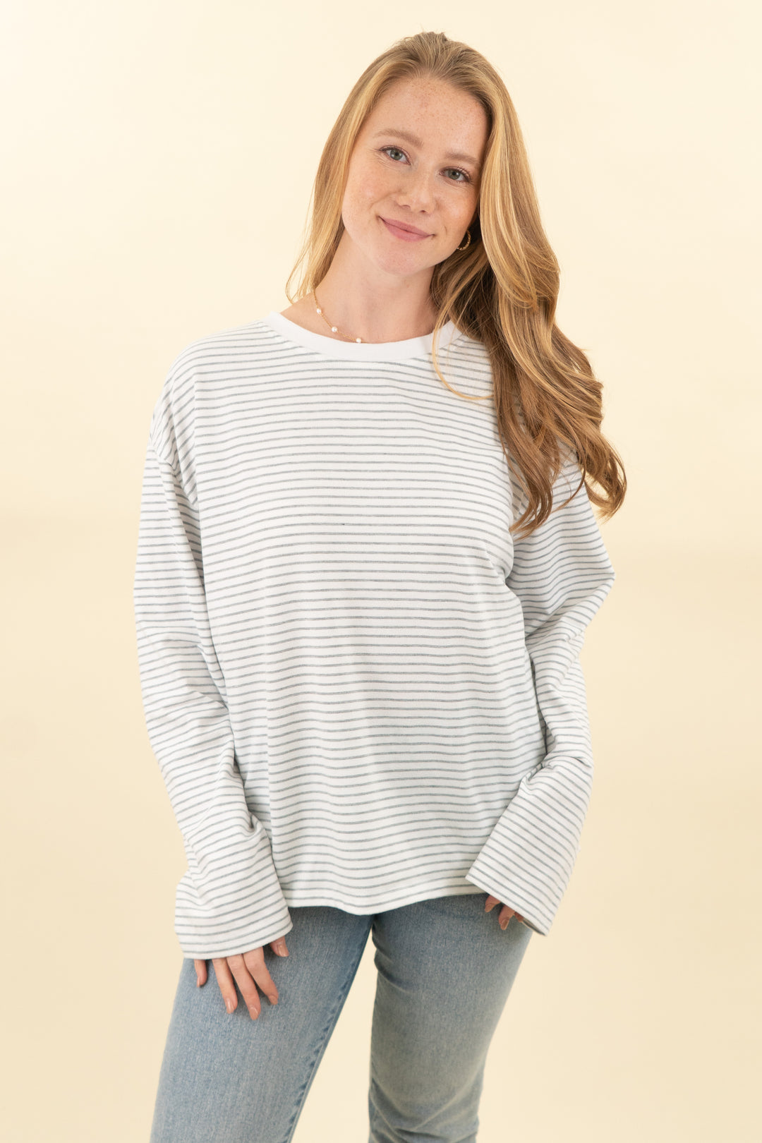 all the ways white and light gray striped long sleeve (l; retail $60)
