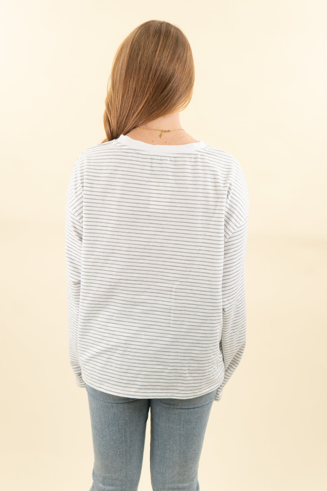 all the ways white and light gray striped long sleeve (l; retail $60)