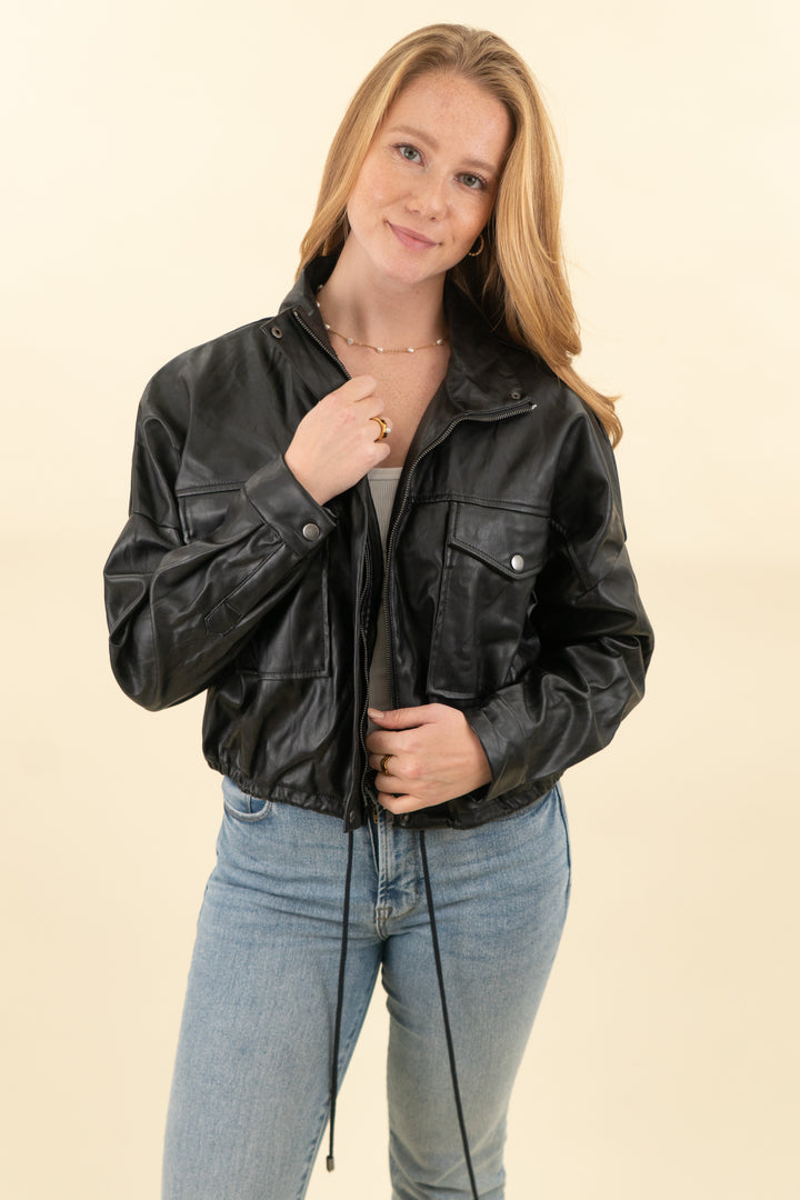 and now this black vegan leather trucker jacket nwt (m; retail $59)