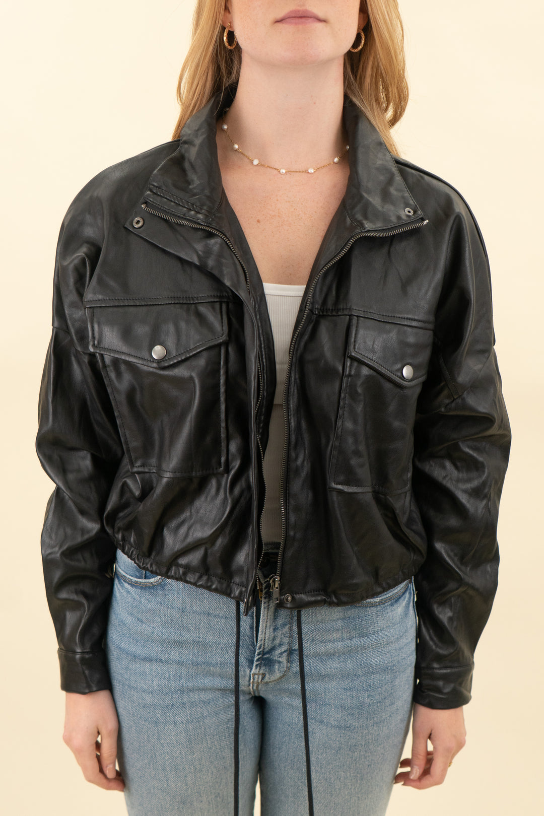 and now this black vegan leather trucker jacket nwt (m; retail $59)