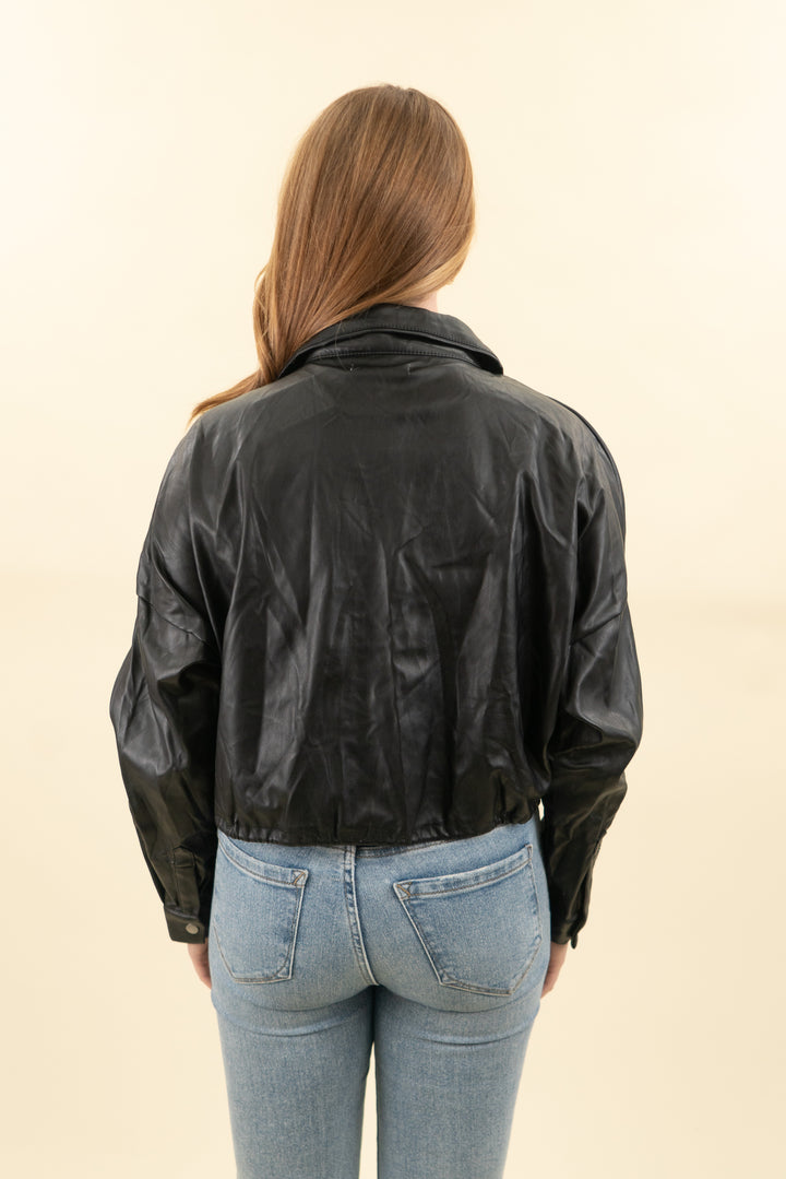 and now this black vegan leather trucker jacket nwt (m; retail $59)