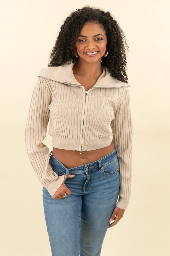 cider beige ribbed knit zip up sweater with collar (l; retail $40)