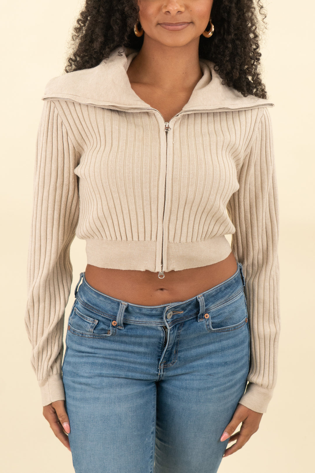 cider beige ribbed knit zip up sweater with collar (l; retail $40)