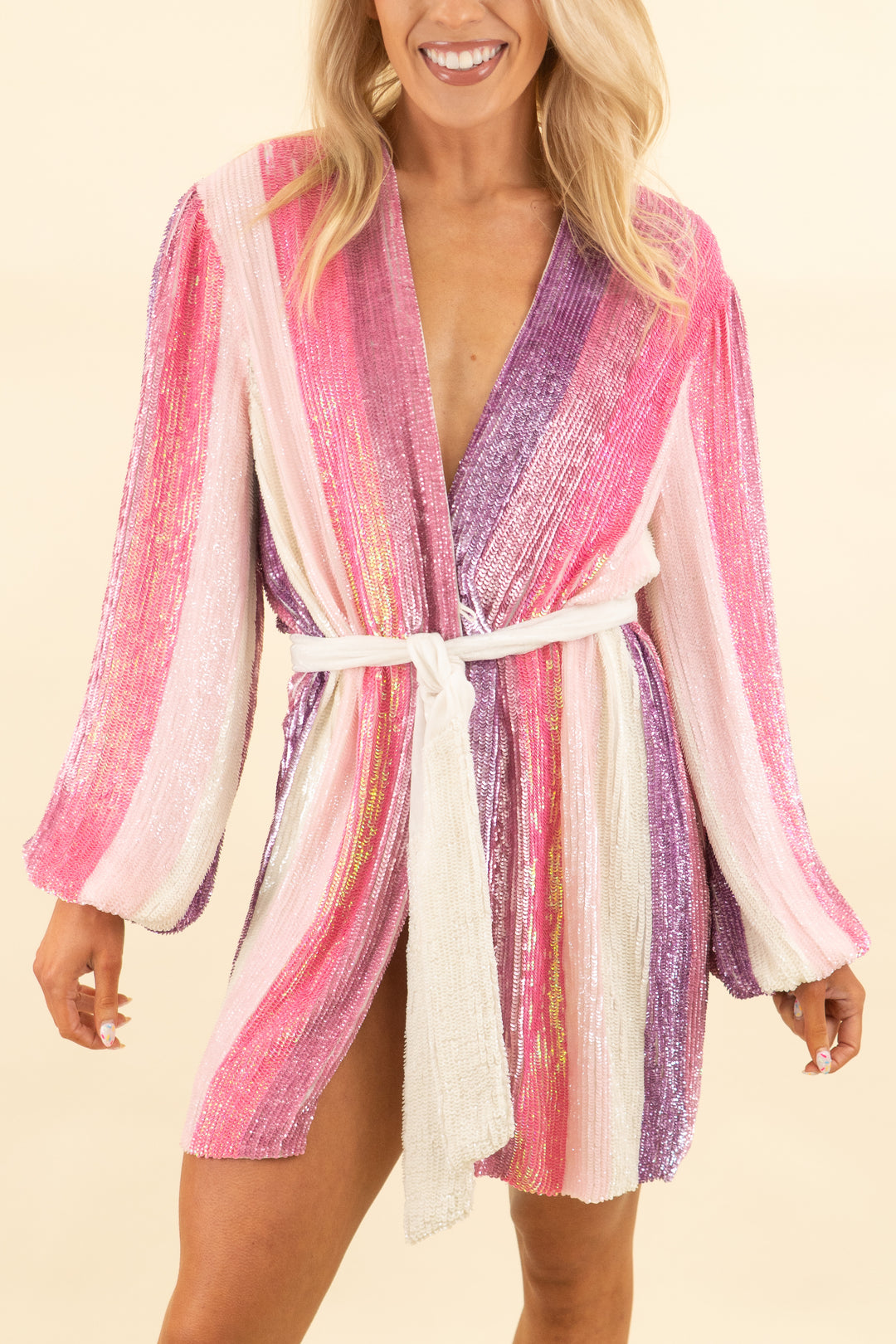 retrofete pink and purple striped sequin mini wrap dress (s; retail $635)