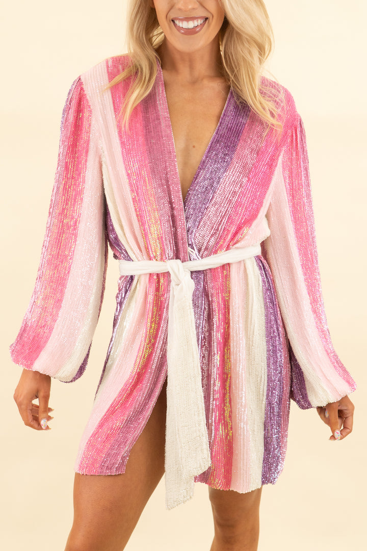 retrofete pink and purple striped sequin mini wrap dress (s; retail $635)
