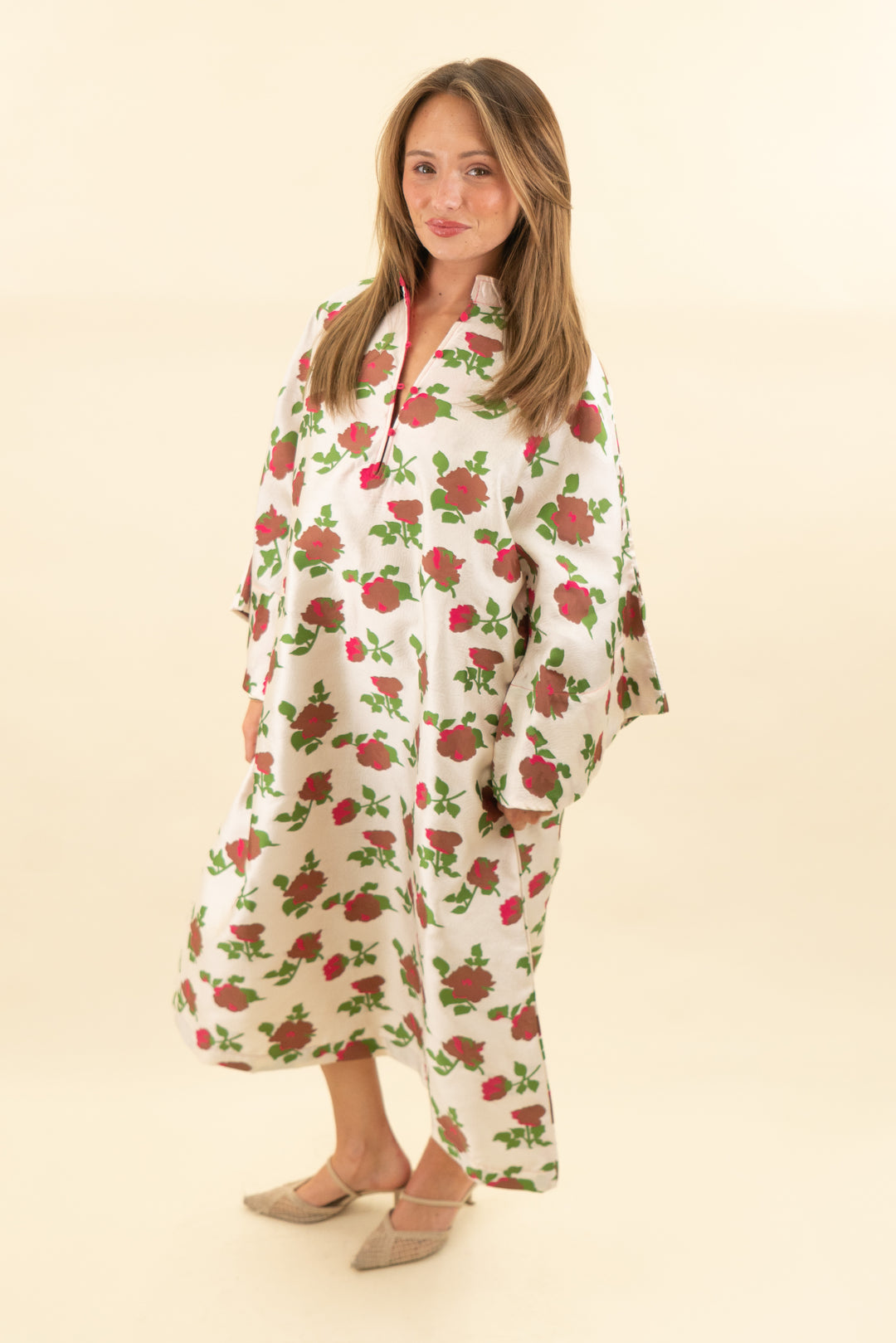 la vie style house cream and pink floral jacquard flare sleeve dress (os; retail $750)