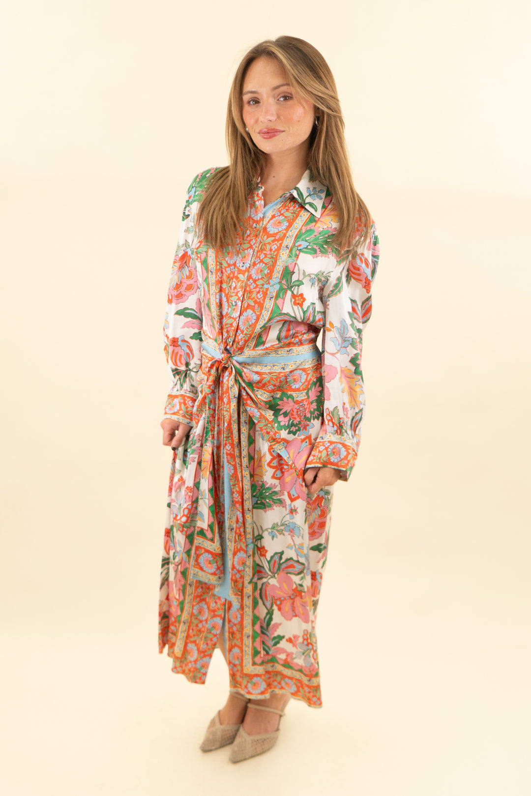 misa los angeles pink and orange multicolor floral print satin button down wrap midi wrap dress (s; retail $540)