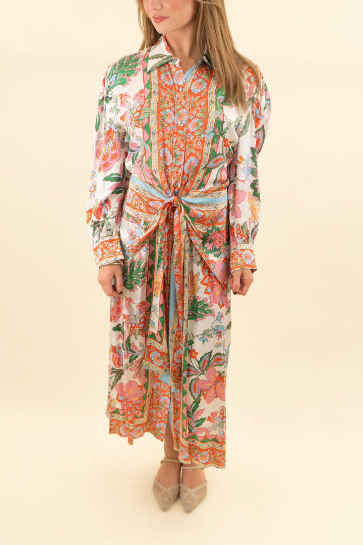 misa los angeles pink and orange multicolor floral print satin button down wrap midi wrap dress (s; retail $540)