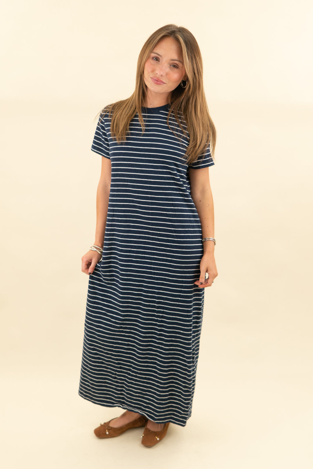 pact navy & white stripe tshirt midi dress (s; retail $98)