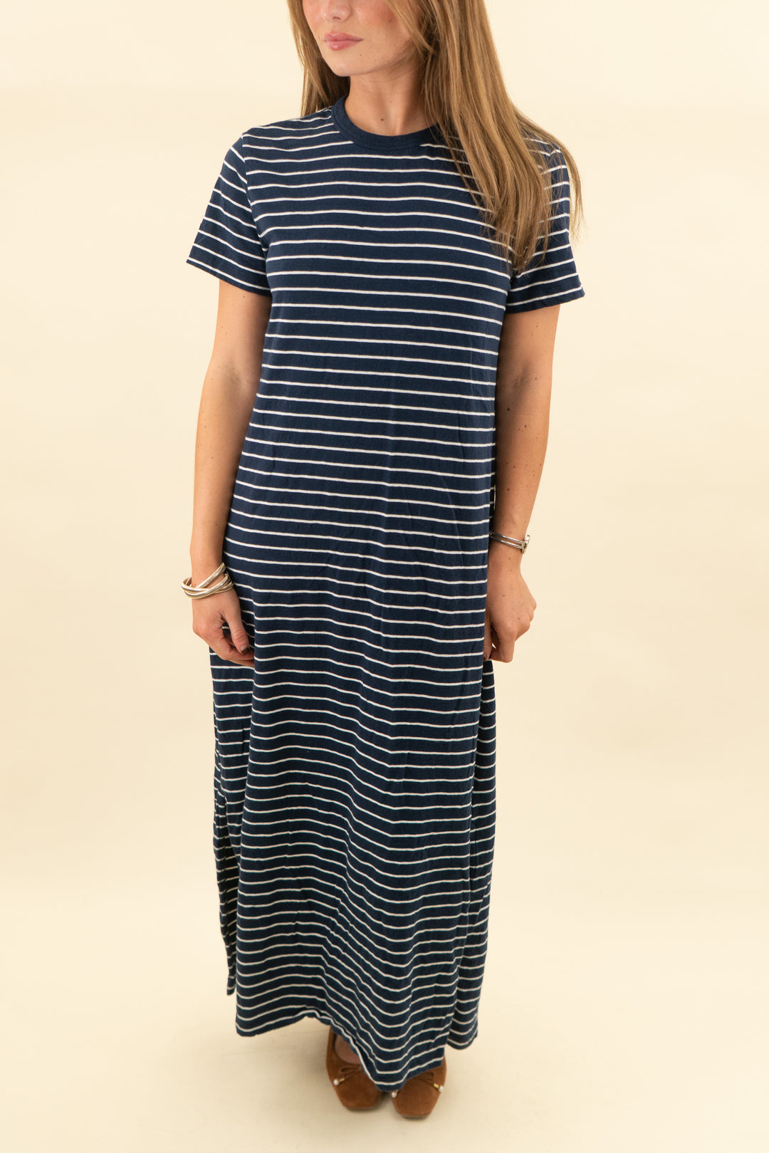 pact navy & white stripe tshirt midi dress (s; retail $98)