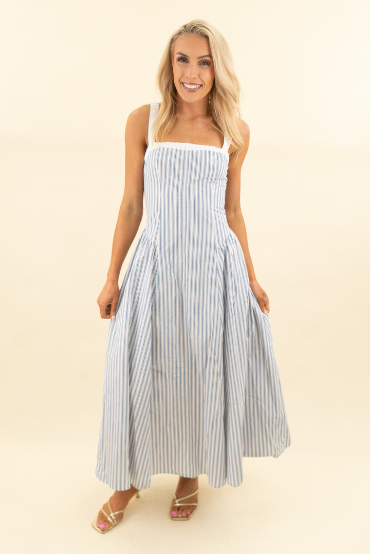 abercrombie & fitch blue/white striped smocked midi dress (s; retail $130)
