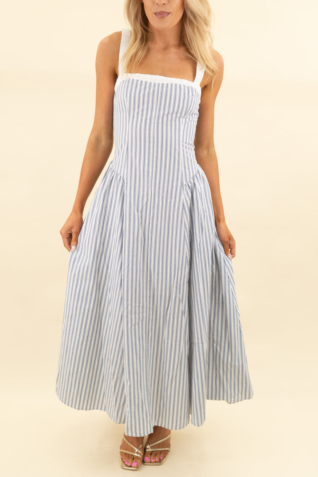 abercrombie & fitch blue/white striped smocked midi dress (s; retail $130)