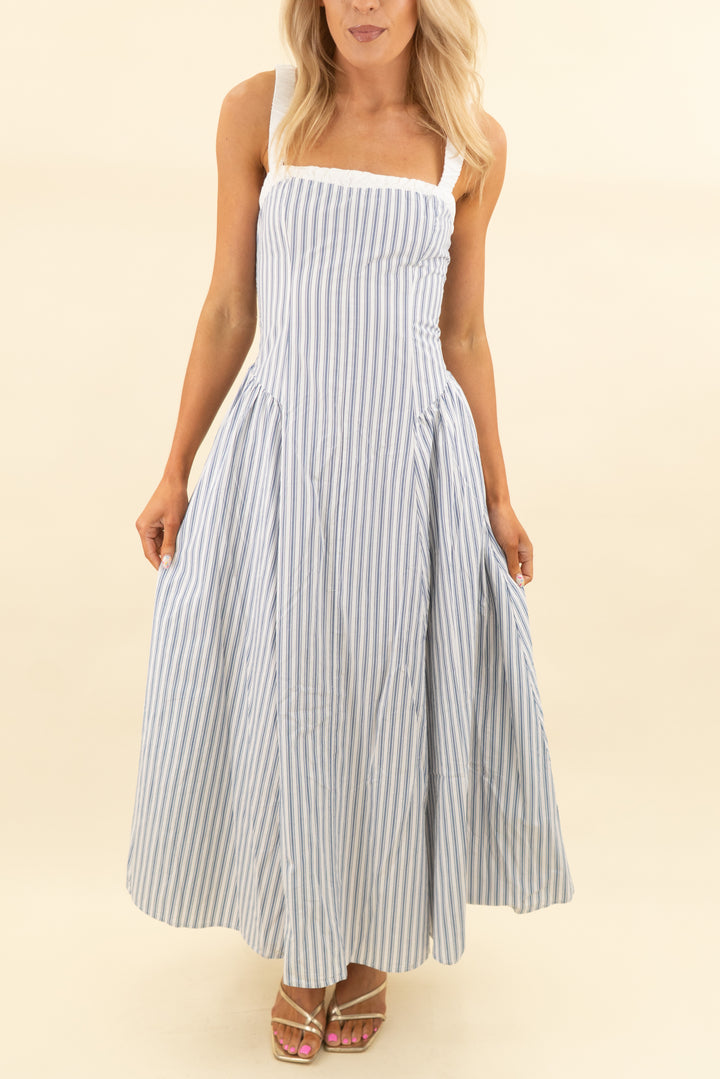 abercrombie & fitch blue/white striped smocked midi dress (s; retail $130)