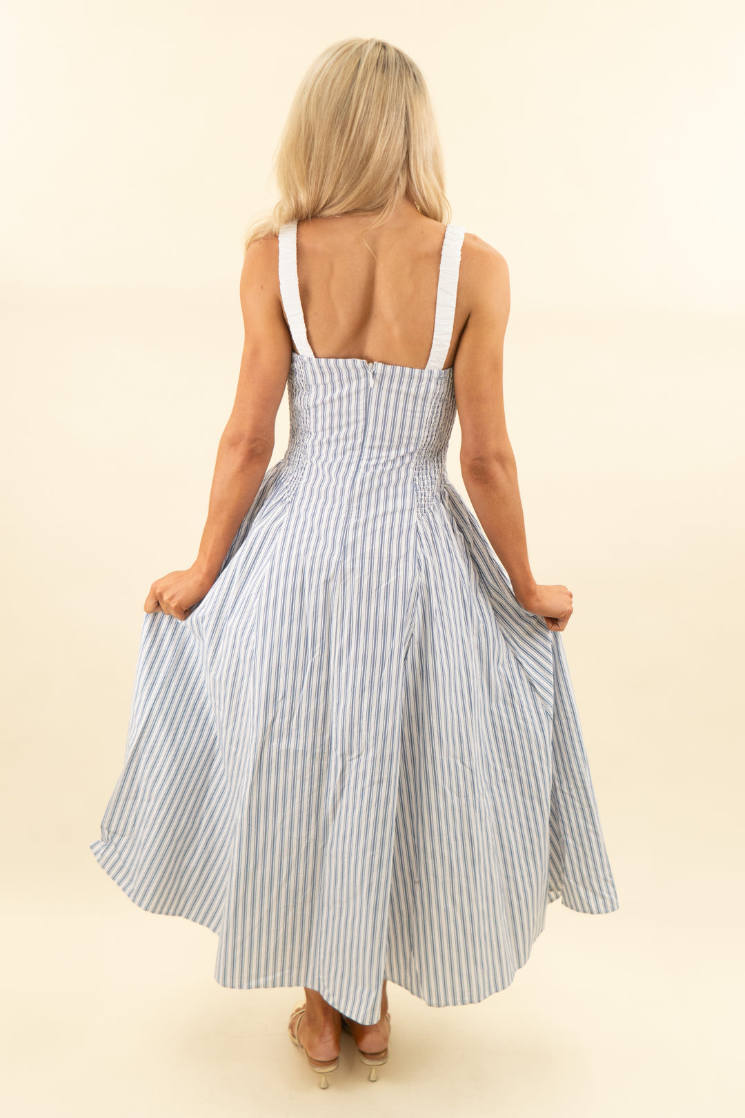 abercrombie & fitch blue/white striped smocked midi dress (s; retail $130)