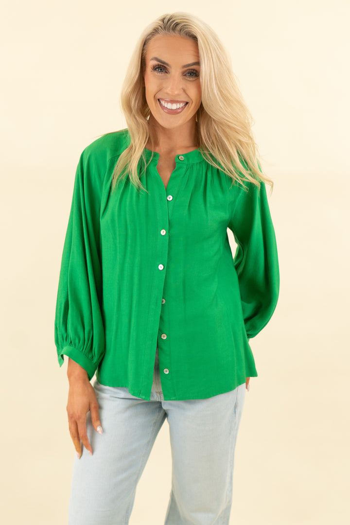 pomander place green long sleeve blouse (xs; retail $98)