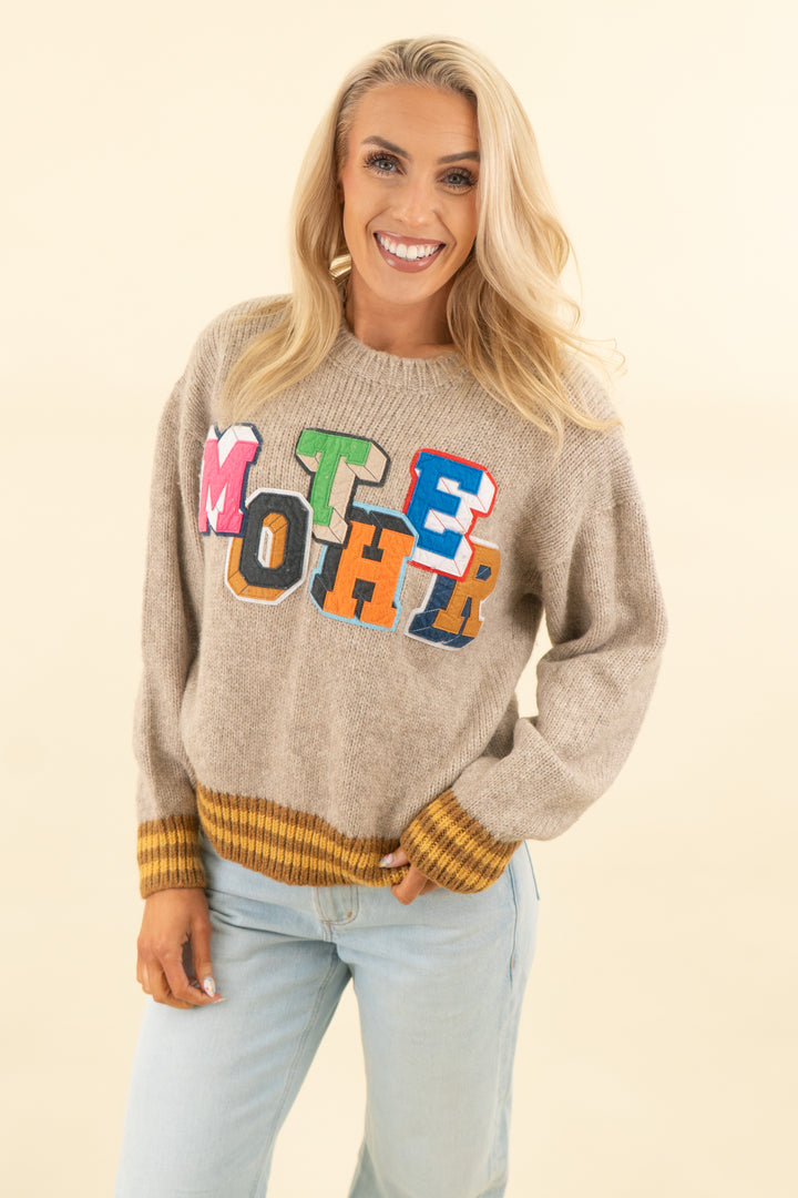 mother beige felt printed sweater (s; retail $470)