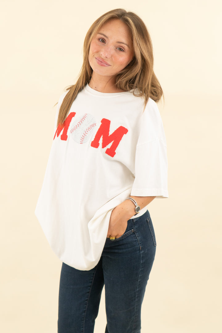 judith march cream embroidered "mom" tshirt with beaded baseball (s; retail $108)