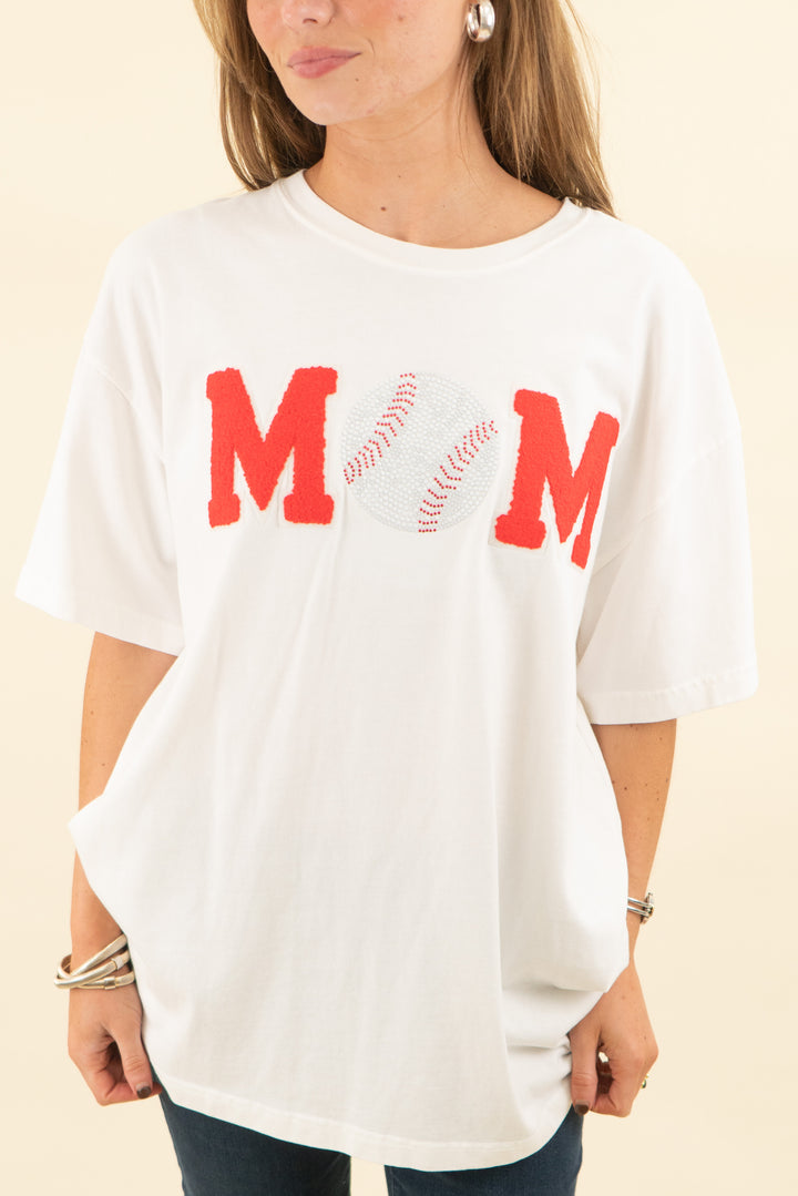 judith march cream embroidered "mom" tshirt with beaded baseball (s; retail $108)