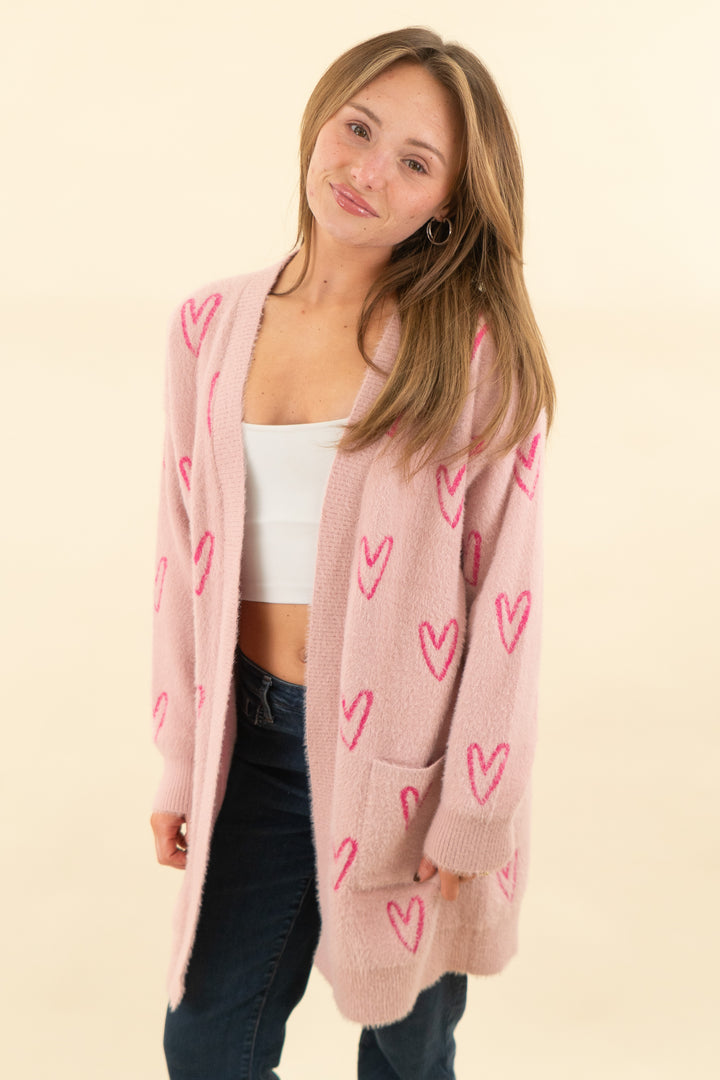 light pink heart print open front long cardigan (m; retail $55)