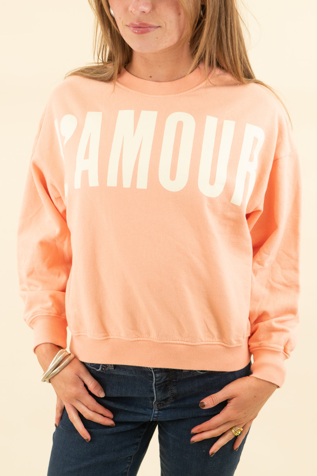clare v tangerine "l'amour" graphic crewneck pullover (s; retail $195)