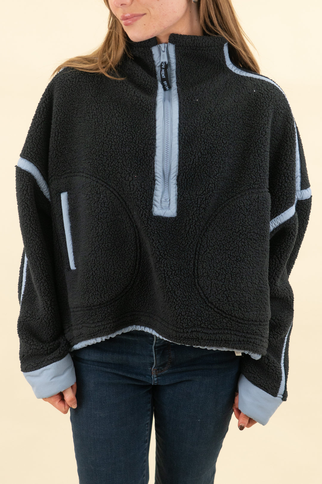 fp movement navy/ baby blue fleece pullover (s; retail $148)