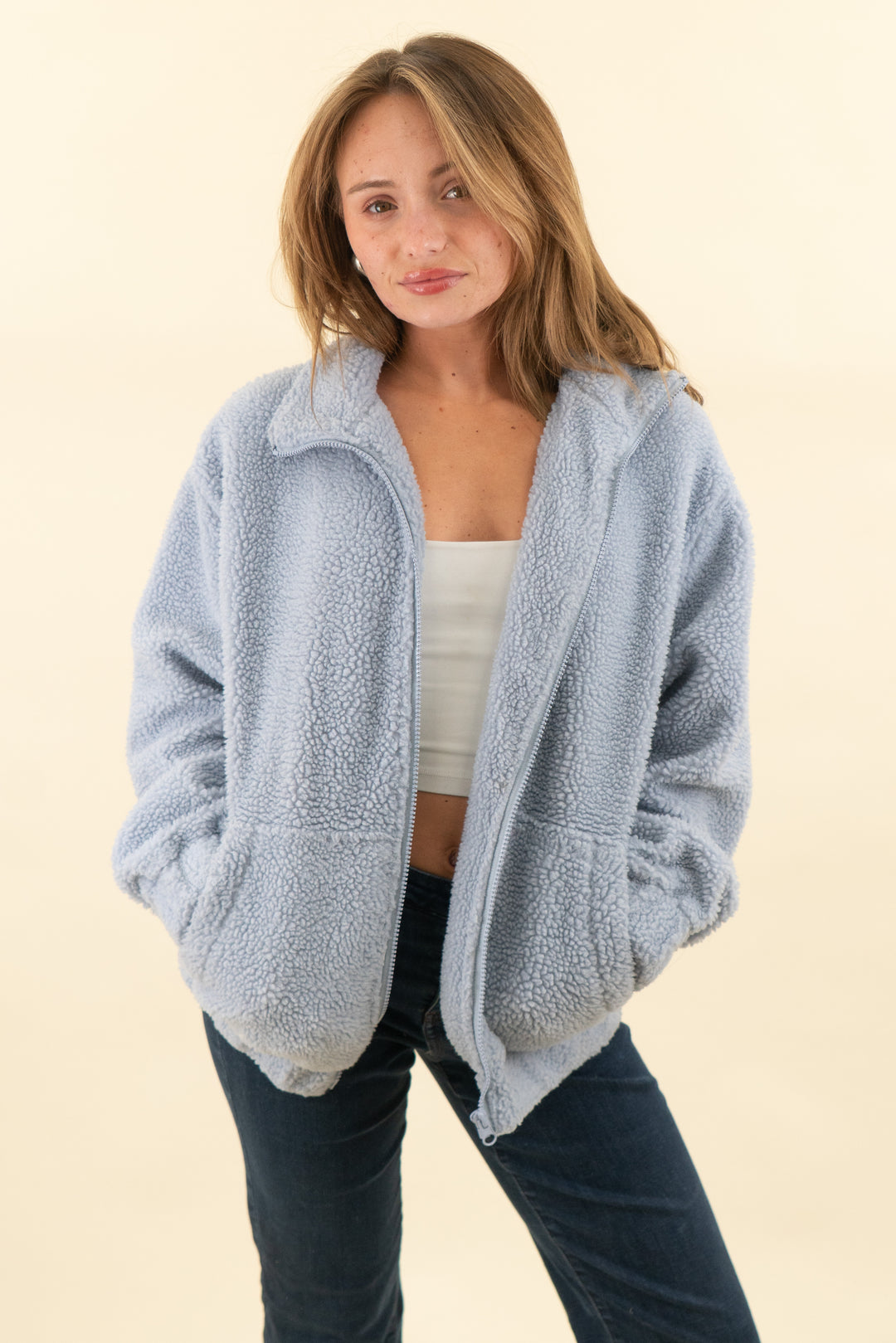 ardene light blue sherpa jacket (xs/s; retail $50)