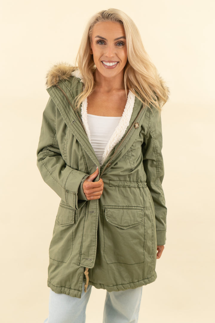 abercrombie & fitch green faux fur hood coat (m; retail $160)