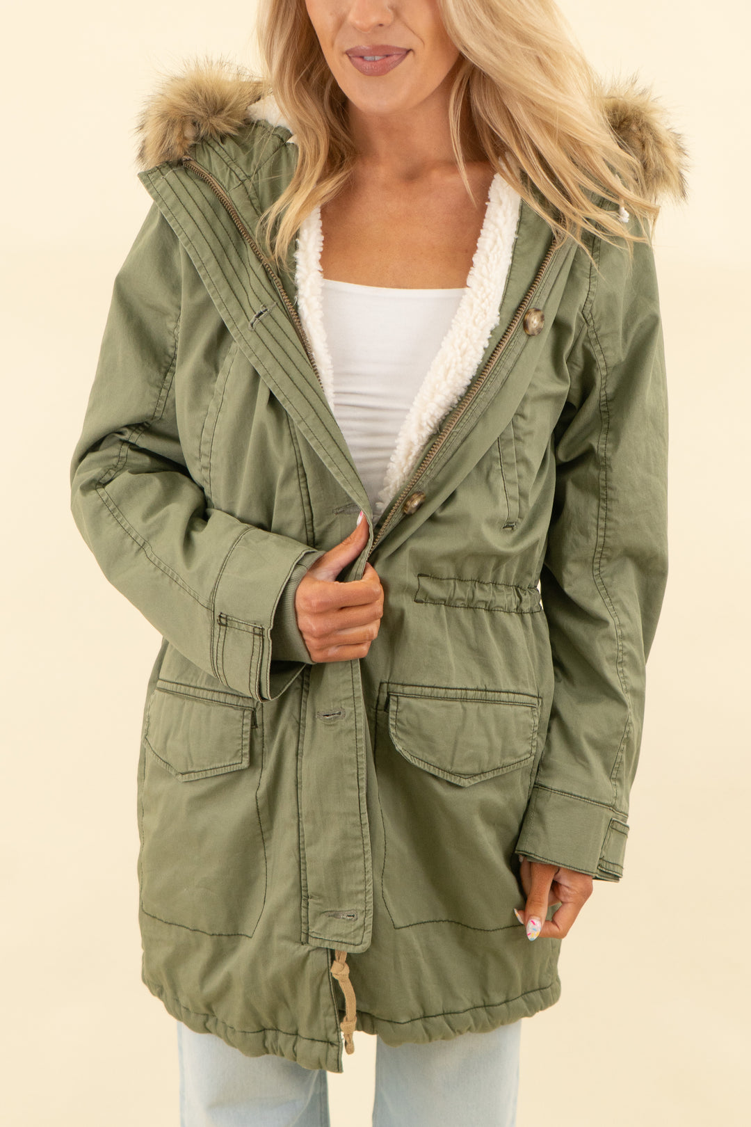 abercrombie & fitch green faux fur hood coat (m; retail $160)