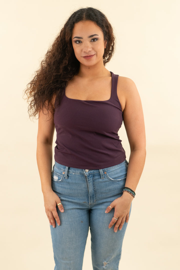 spanx plum square neck active top (m; retail $68)
