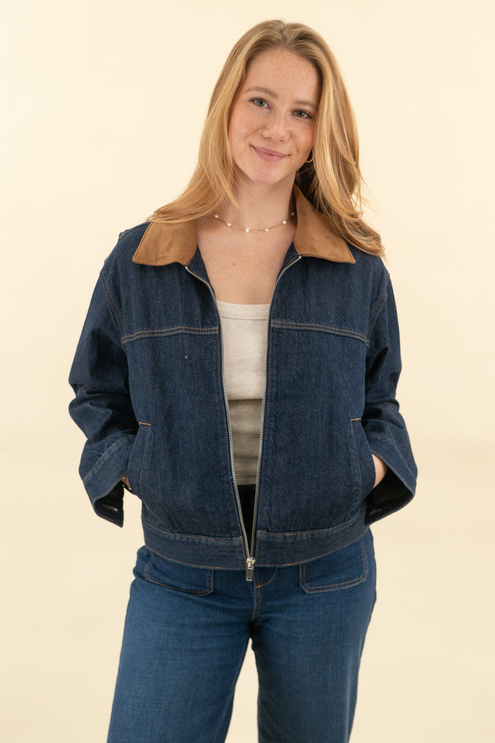a&f dark wash zip barn jacket (m; retail $140)
