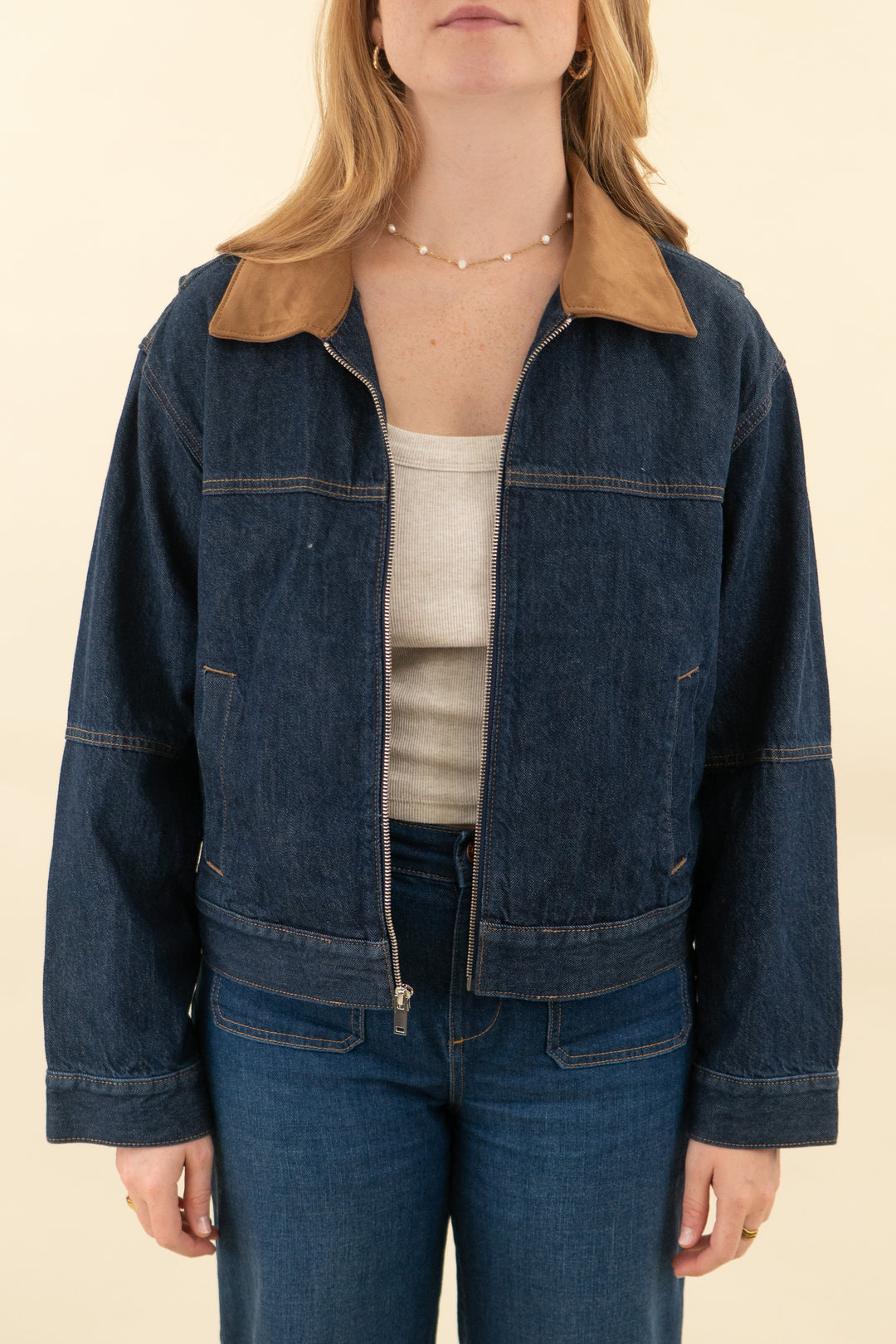 a&f dark wash zip barn jacket (m; retail $140)