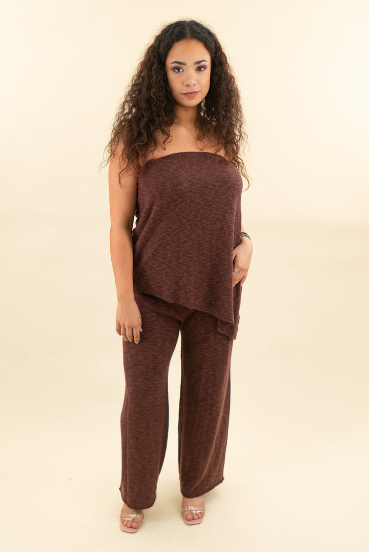 maroon knit strapless top and pant set (l; retail $50)