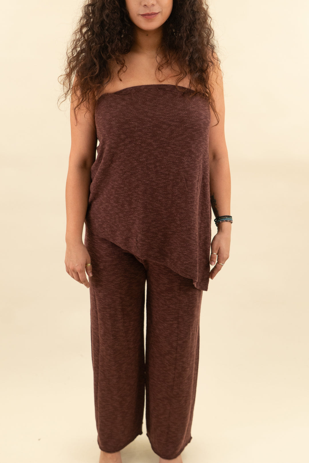 maroon knit strapless top and pant set (l; retail $50)