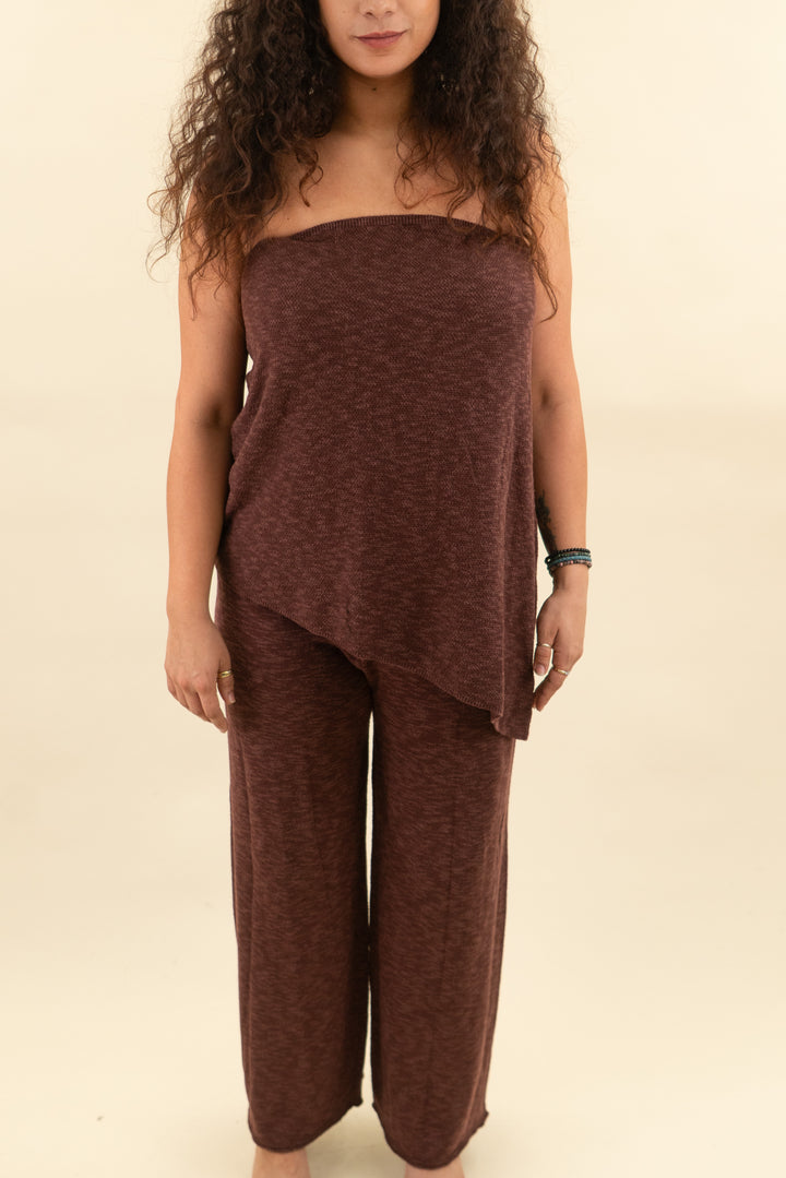 maroon knit strapless top and pant set (l; retail $50)