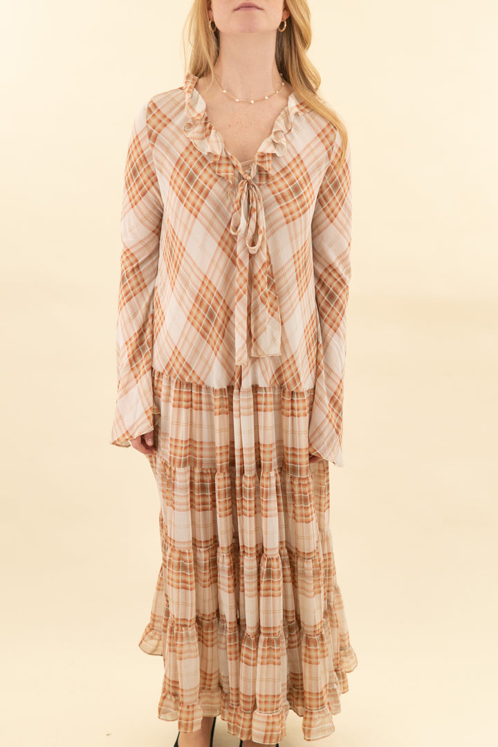 free people orange/ivory plaid maxi dress nwt (m; retail $228)