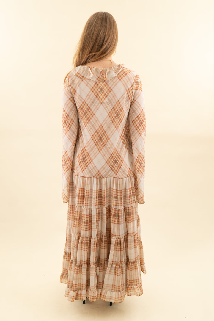 free people orange/ivory plaid maxi dress nwt (m; retail $228)