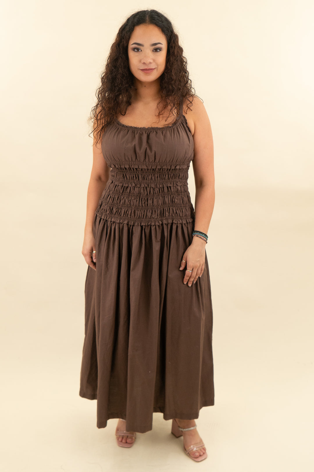 abercrombie & fitch brown smocked maxi dress (l; retail $130)