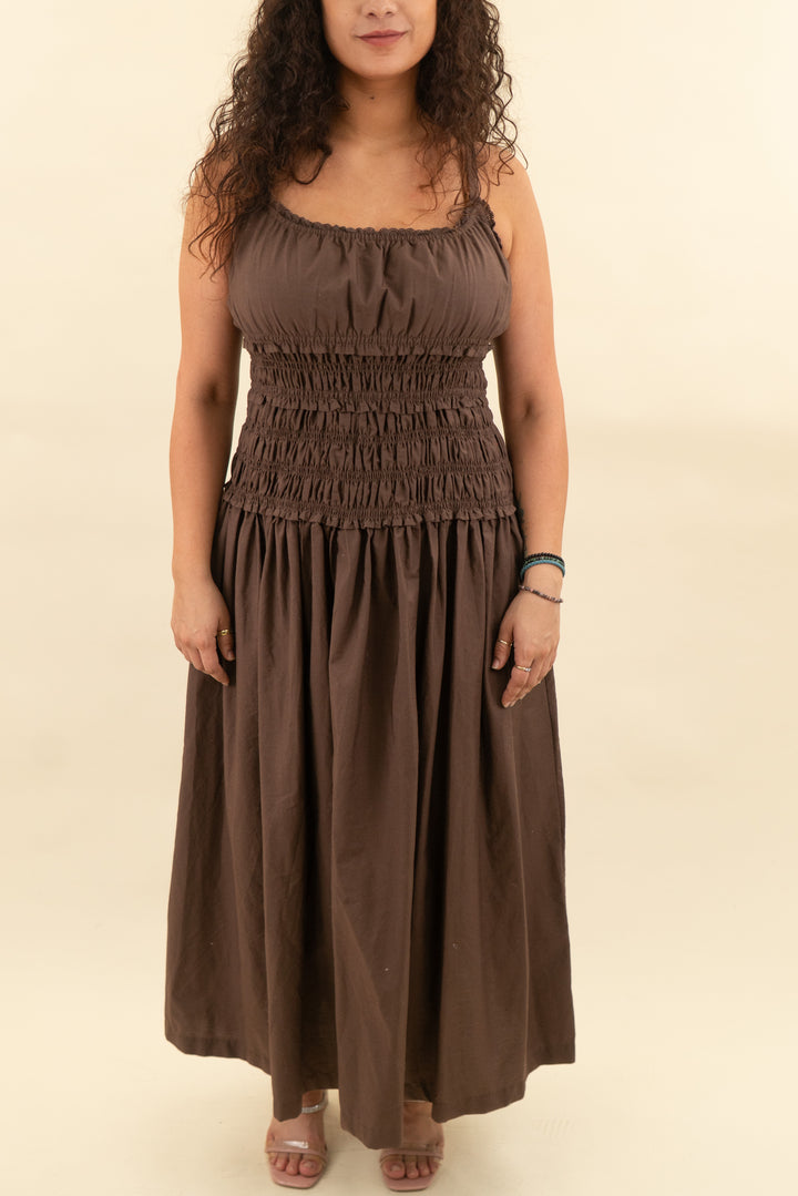 abercrombie & fitch brown smocked maxi dress (l; retail $130)