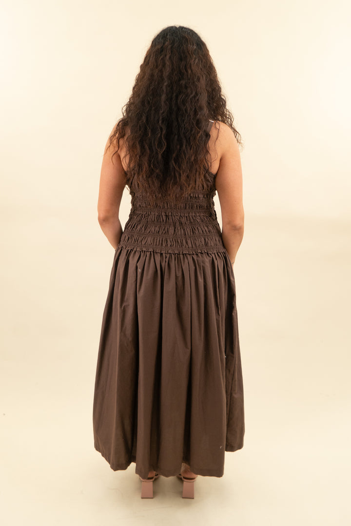 abercrombie & fitch brown smocked maxi dress (l; retail $130)