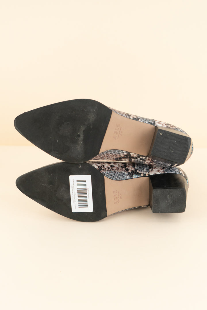 able blue vegan snakeskin pointed toe booties (8; retail $150)