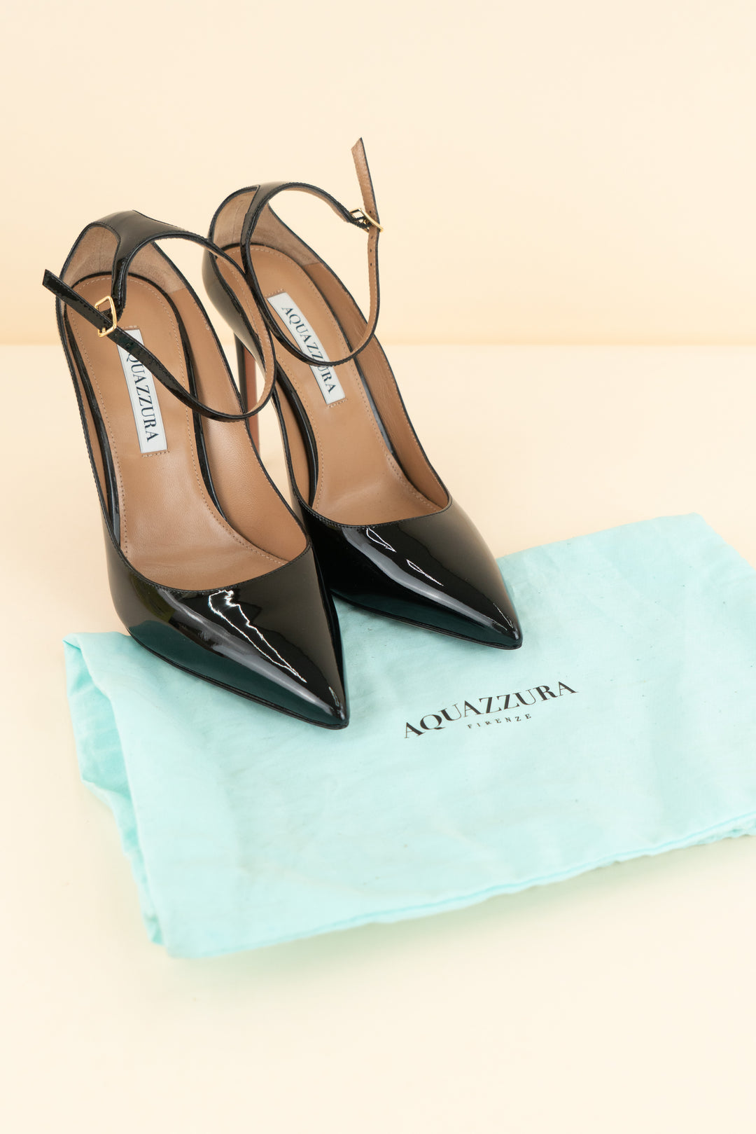 aquazzura black patent leather pointed toe ankle strap heel nwb (38; retail $1,023)